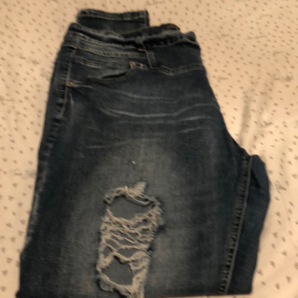 Size 18R Skinny Distressed Jeans, triple button closure, medium wash